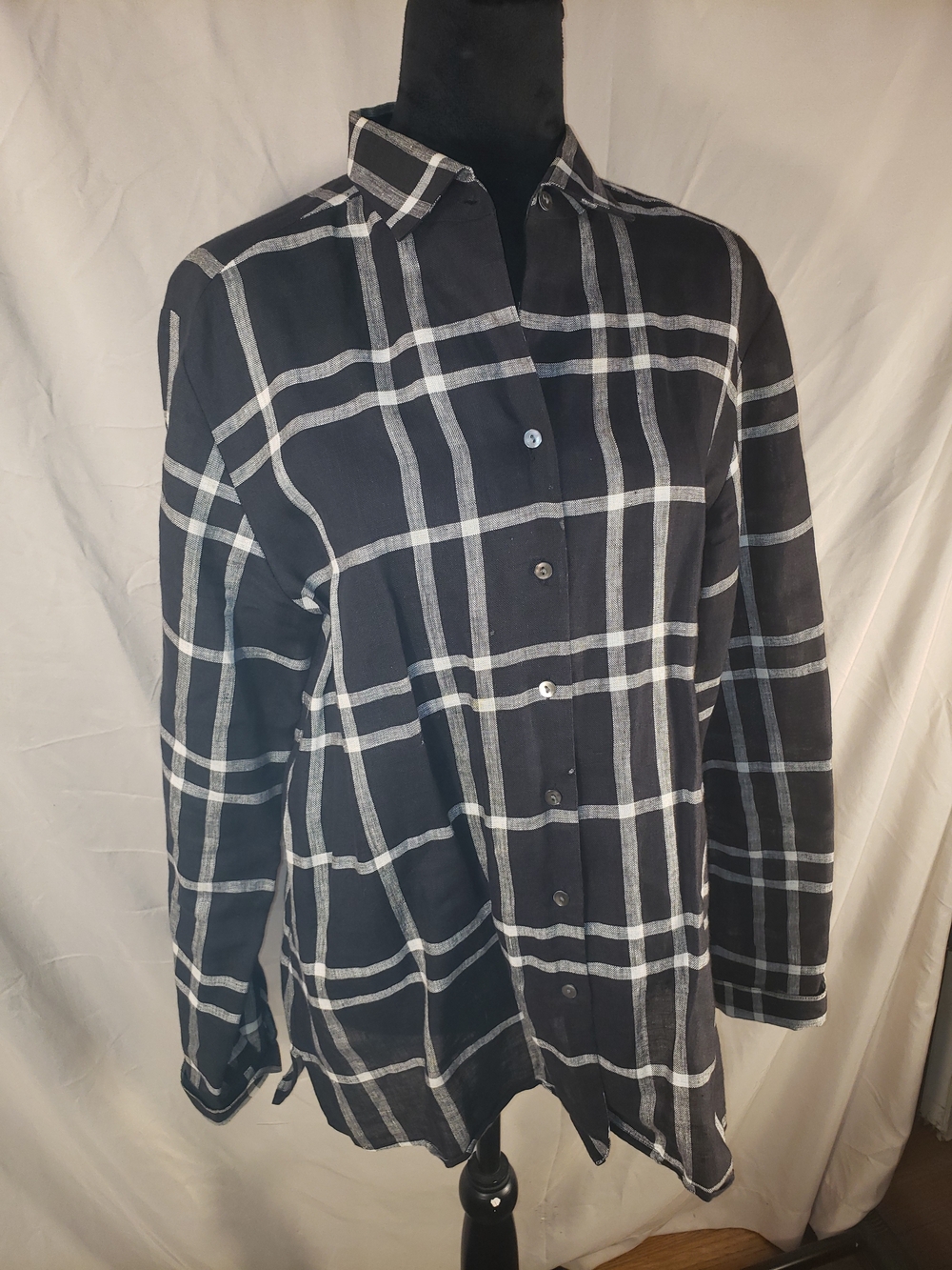 Talbots Irish Linen Black and White Plaid Button-Front Shirt - 14